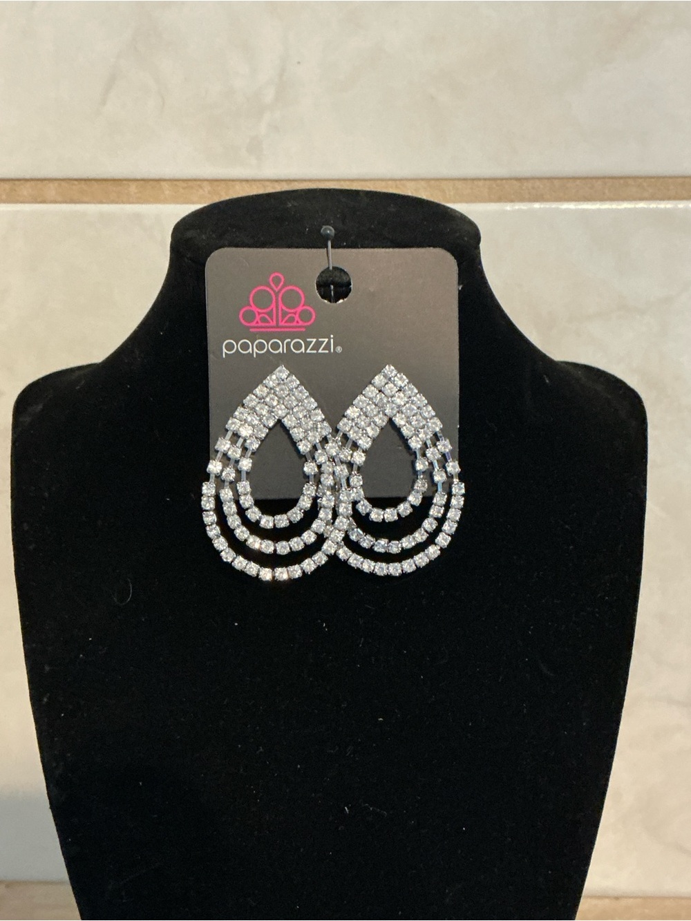 Paparazzi Silver Triple-Loop Teardrop Crystal Earrings